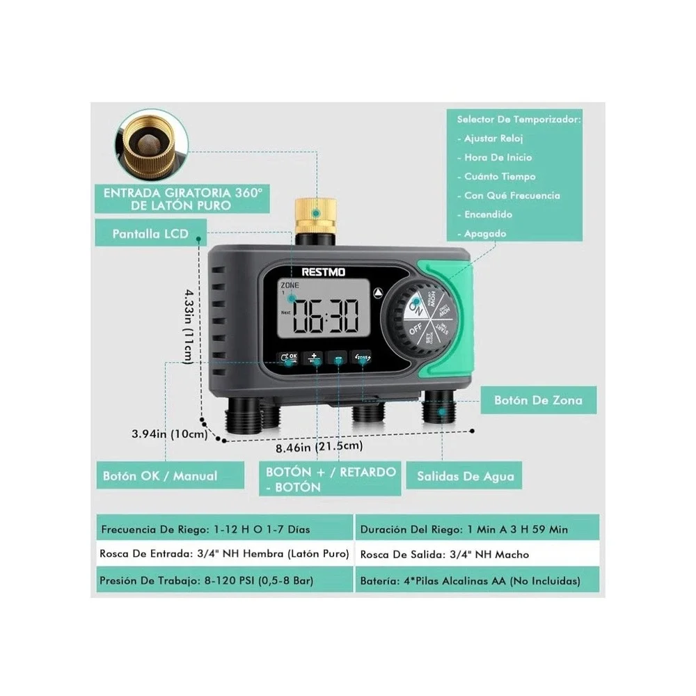 RESTMO 4-Outlet Sprinkler Timer w/Brass Inlet 4-Zone Programmable Water Timer